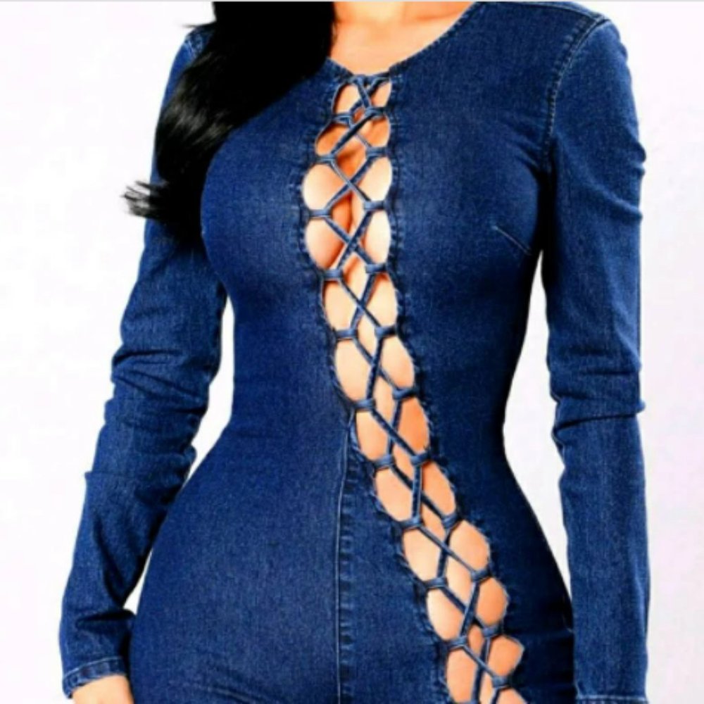 NWT Fashion Nova Denim Lace-Up Jumpsuit